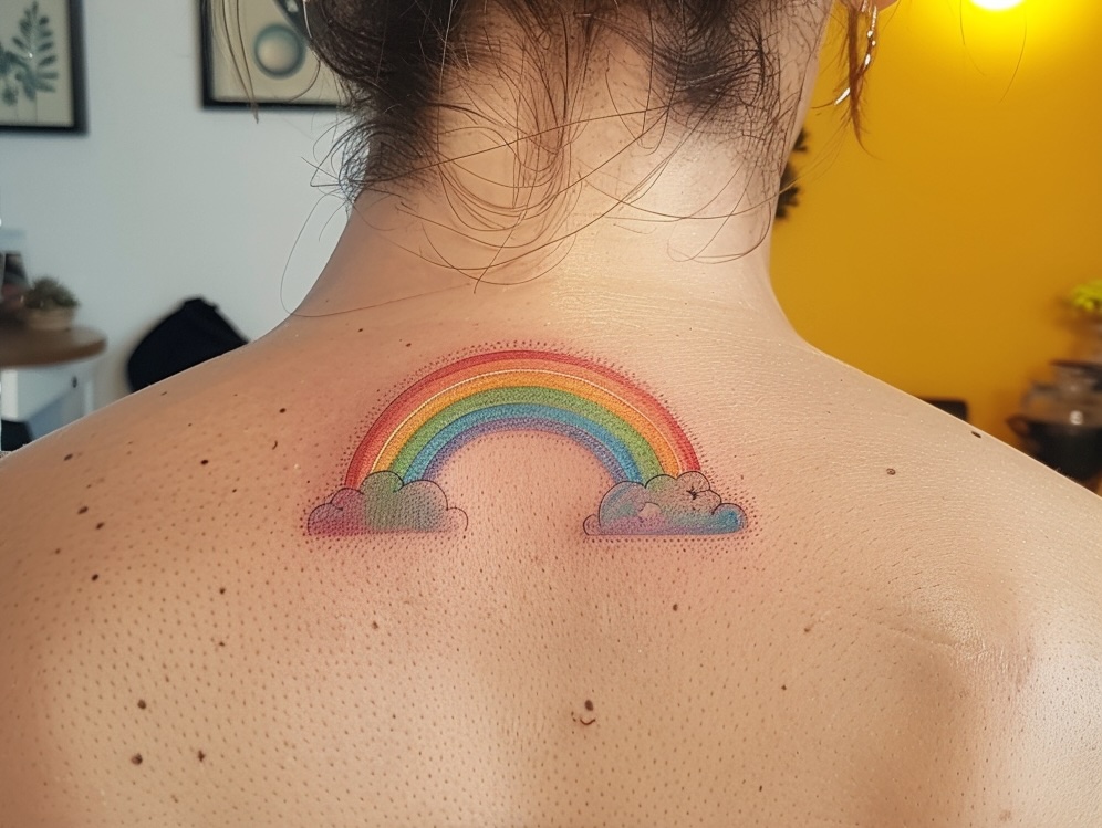 tatouage arc en ciel sur un dos de femme